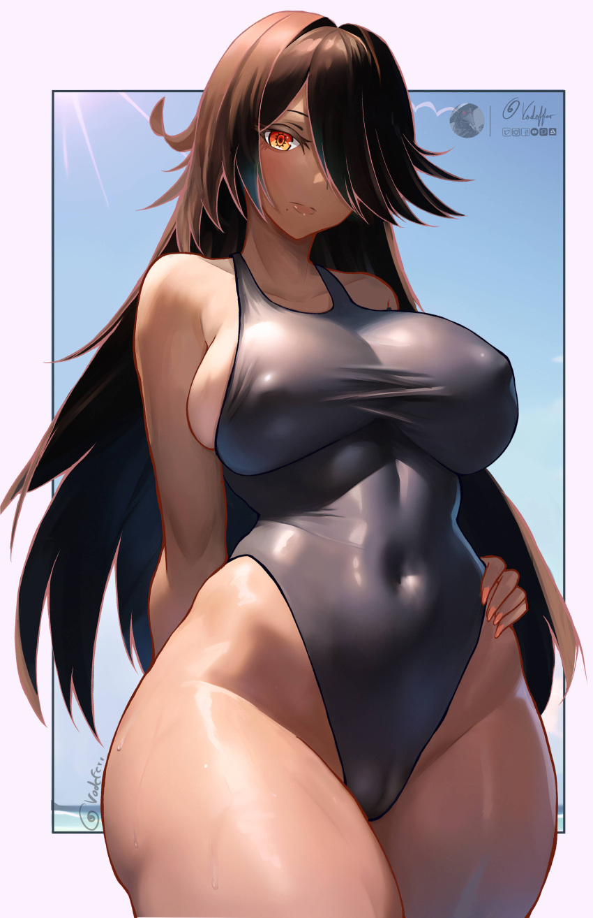 1girl absurdres arm_behind_back black_hair blue_sky blush border breasts collarbone commentary_request commission covered_nipples curvy dark-skinned_female dark_skin hair_over_one_eye hand_on_own_hip highres large_breasts long_hair looking_at_viewer ocean original pixiv_commission red_eyes signature sky solo standing swimsuit tan taut_clothes taut_swimsuit thick_thighs thighs vodeferr