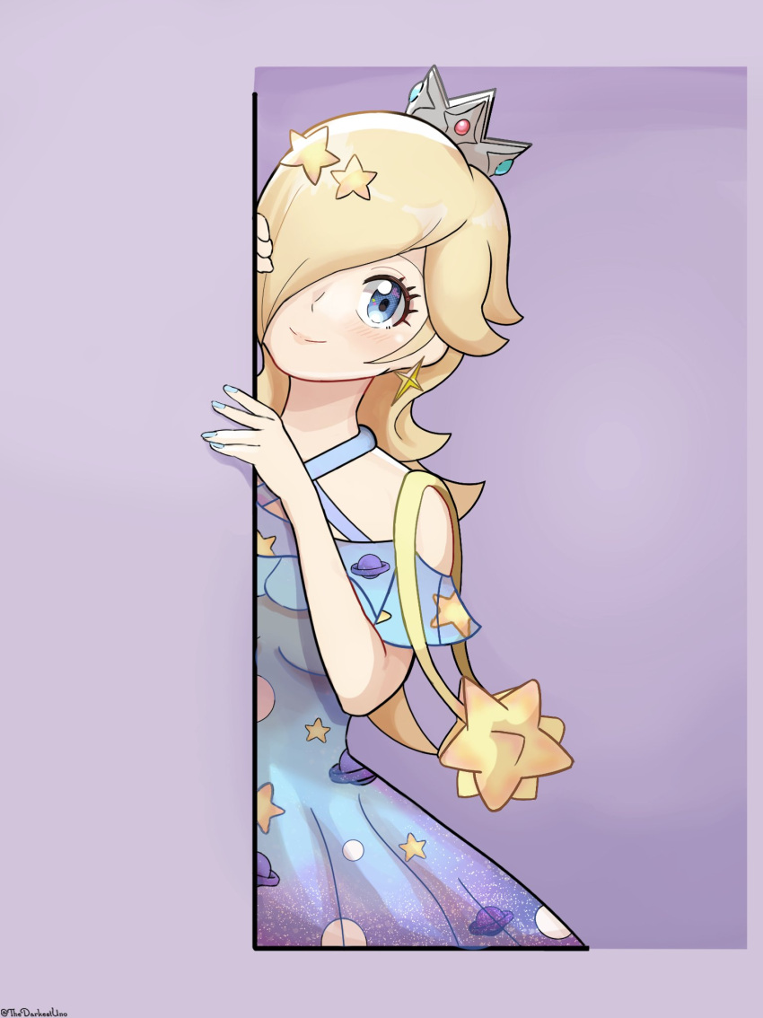 1girl alternate_costume bag blonde_hair blue_eyes blue_nails closed_mouth crown dress earrings eyelashes hair_over_one_eye highres jewelry looking_at_viewer mario_(series) rosalina shoulder_bag smile solo space_print star_(symbol) star_earrings starry_sky_print thedarkestuno twitter_username yellow_bag