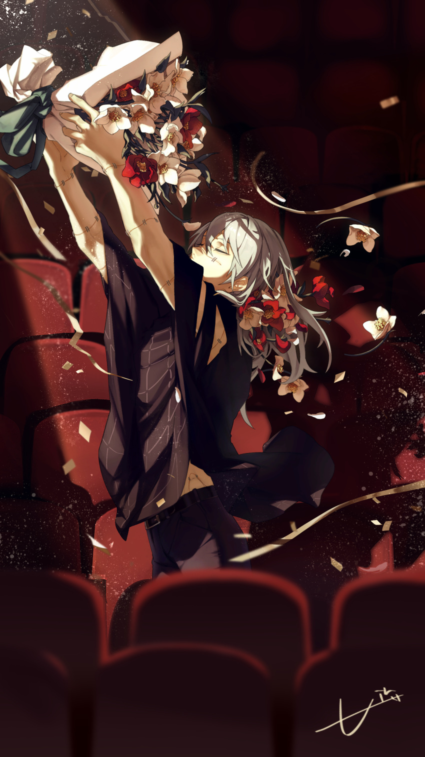 1boy absurdres air_(ai_r_) arms_up belt black_belt black_pants black_shirt blue_ribbon bouquet chair closed_eyes falling_flower falling_petals flower grey_hair hair_between_eyes highres holding holding_bouquet jujutsu_kaisen light long_hair mahito_(jujutsu_kaisen) male_focus movie_theater outstretched_arms pants petals red_flower red_petals ribbon shadow shirt short_sleeves solo standing stitched_arm stitched_face stitched_hand stitched_neck stitches torn_sleeve white_petals yellow_ribbon