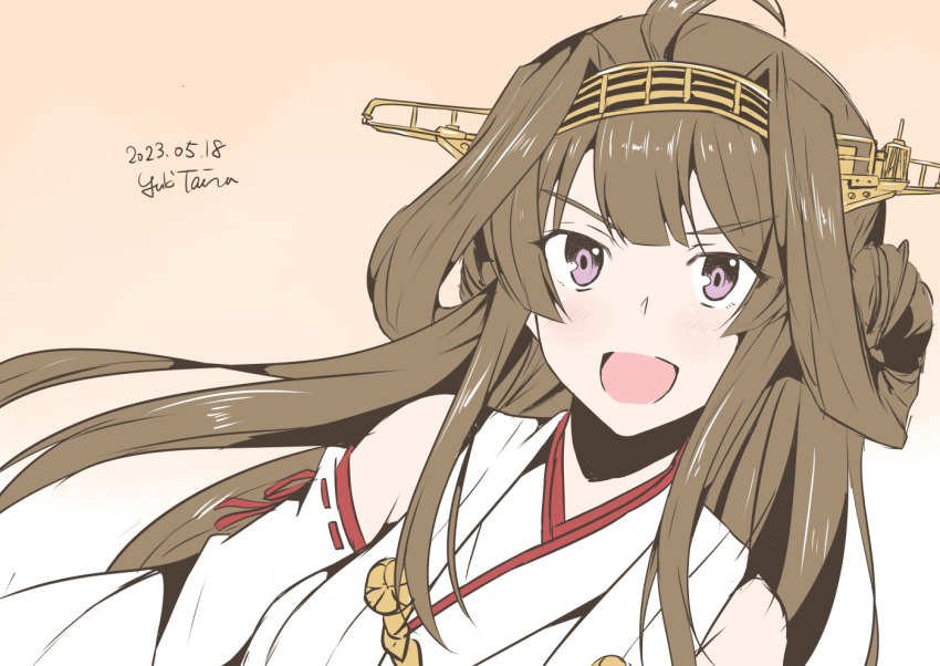 1girl ahoge artist_name brown_hair dated double_bun gradient_background hair_bun hairband headgear japanese_clothes kantai_collection kongou_(kancolle) long_hair one-hour_drawing_challenge orange_background purple_eyes ribbon-trimmed_sleeves ribbon_trim smile solo taira_yuuki upper_body v-shaped_eyebrows
