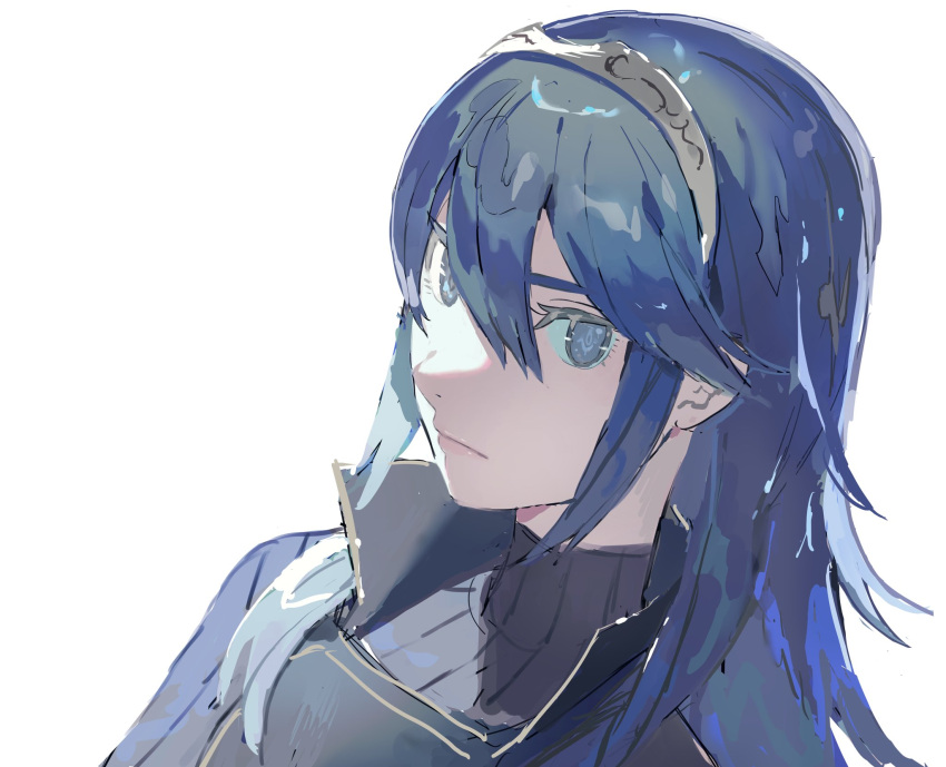 1girl aisutabetao blue_eyes blue_hair expressionless eyelashes fire_emblem fire_emblem_awakening from_side hair_between_eyes highres long_hair looking_at_viewer lucina_(fire_emblem) sidelocks solo symbol_in_eye tiara turtleneck upper_body white_background