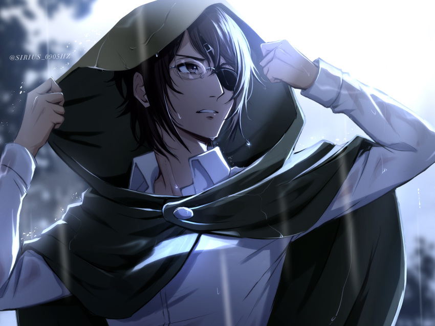 1other absurdres androgynous brown_eyes brown_hair cloak eyepatch glasses green_cloak hange_zoe highres hood hooded_cloak other_focus rain shingeki_no_kyojin sirius_0905hz solo twitter_username upper_body