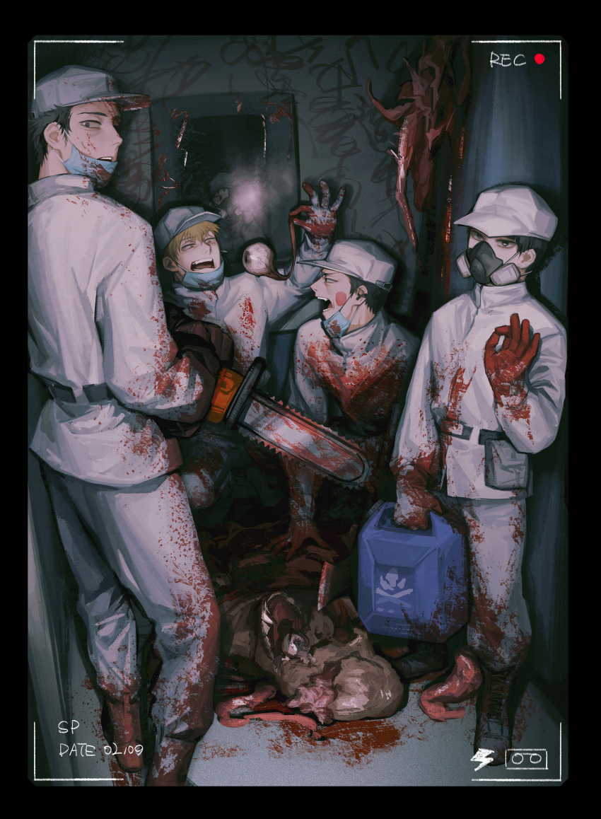 4boys absurdres alternate_costume annoyed baseball_cap black_border black_hair blonde_hair blood blood_on_clothes blood_on_face blood_on_hands blood_on_weapon blood_splatter boots border chainsaw chino1048 corpse ekubo_(mob_psycho_100) expressionless eyeball flesh hat highres holding holding_chainsaw jacket jerry_can kageyama_shigeo knee_boots lightning_bolt_symbol looking_at_another looking_at_viewer looking_back mask mask_pull mirror mob_psycho_100 monster mouth_mask multiple_boys open_mouth pants pants_tucked_in pov_doorway recording reflection reigen_arataka respirator scolding serizawa_katsuya squatting standing surgical_mask surprised uniform viewfinder weapon white_headwear white_jacket white_pants