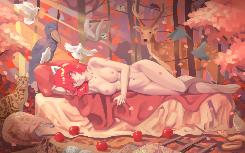 1girl animal animal_ears apple arm_support autumn autumn_leaves bird breasts cat cat_ears chameleon collarbone completely_nude deer dove easel food fruit full_body highres loafers looking_to_the_side lying navel nude on_side original painting_(object) pangolin red_apple red_hair red_theme shoebill shoes short_hair sloth_(animal) snake wolflu66 yellow_eyes