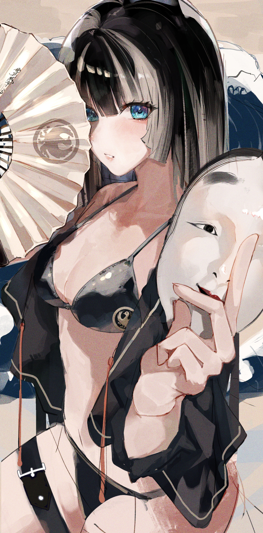 1girl absurdres belt bikini black_bikini black_hair black_jacket blue_eyes blunt_bangs blush breasts cleavage grey_hair hand_fan highres holding holding_fan holding_mask hololive hololive_dev_is jacket juufuutei_raden looking_at_viewer mask medium_breasts sidelocks solo swimsuit thigh_belt thigh_strap virgo76612871 virtual_youtuber