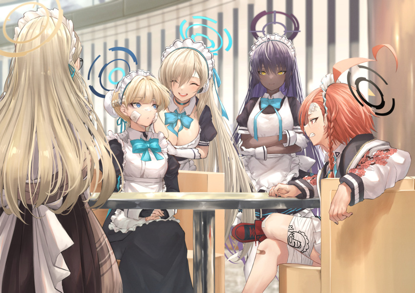 5girls ahoge akane_(blue_archive) apron asuna_(blue_archive) asymmetrical_bangs bandage_on_face bandage_on_leg bandages bandaid bandaid_on_face bandaid_on_nose beruu black_gloves black_hair black_halo black_nails blonde_hair blue_archive blue_bow blue_bowtie blue_eyes blue_halo blue_ribbon bow bowtie braid breasts brown_shawl bun_cover cleaning_&amp;_clearing_(blue_archive) cleavage clenched_teeth closed_eyes closed_mouth dark-skinned_female dark_skin detached_collar figure_four_sitting fingerless_gloves french_braid frilled_apron frills gloves hair_bun hair_ribbon halo hand_on_another's_shoulder hand_on_table hands_on_own_legs highres huge_ahoge indoors jacket karin_(blue_archive) large_breasts light_brown_hair long_hair long_sleeves looking_at_another maid maid_apron maid_headdress mole mole_under_eye multiple_girls nail_polish neru_(blue_archive) open_mouth orange_hair plaid_shawl print_jacket puffy_long_sleeves puffy_short_sleeves puffy_sleeves red_eyes red_footwear ribbon shawl short_hair short_sleeves single_braid single_hair_bun sitting smile standing sukajan table teeth toki_(blue_archive) very_long_hair white_gloves yellow_eyes yellow_halo