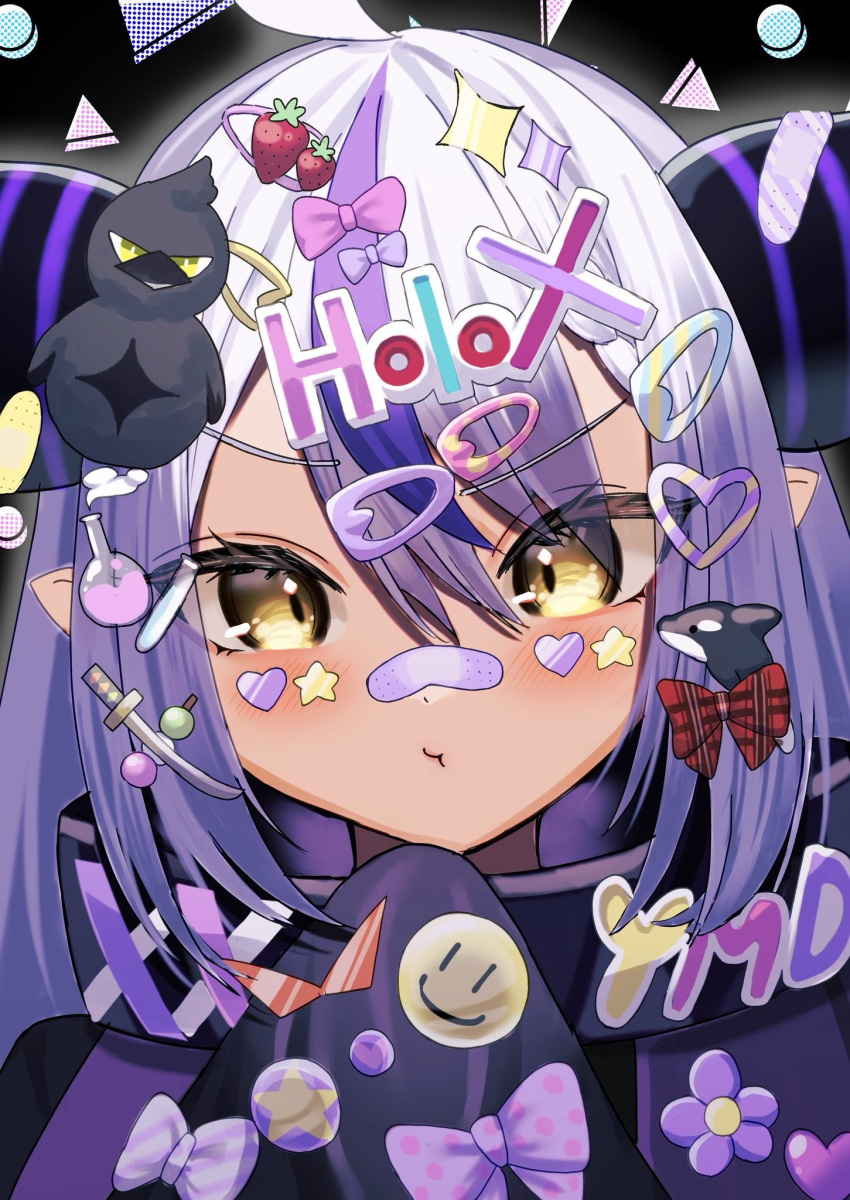 1girl ahoge bandaid_on_horn black_horns braid braided_bangs crow_(la+_darknesss) grey_hair hair_ornament highres hololive horns katana la+_darknesss la+_darknesss_(1st_costume) long_hair multicolored_hair orca pointy_ears purple_hair siranami_eight smiley_face sticker sticker_on_face sticker_on_hair streaked_hair striped_horns sword virtual_youtuber weapon