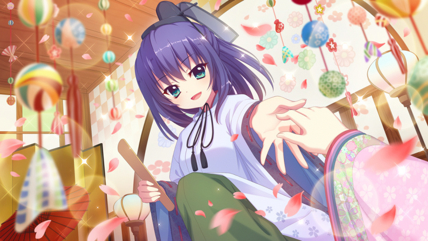 2girls aqua_eyes black_headwear blue_hair checkered_wall dot_nose ema film_grain floral_print from_below game_cg hat hiiragi_kae hinamatsuri honjou_kasumi imminent_hand_holding izumi_tsubasu japanese_clothes kariginu kimono multiple_girls non-web_source official_art oil-paper_umbrella on_one_knee open_mouth pink_kimono pov pov_hands print_kimono re:stage! reaching reaching_towards_viewer red_umbrella smile solo_focus sparkle tate_eboshi umbrella wooden_ceiling