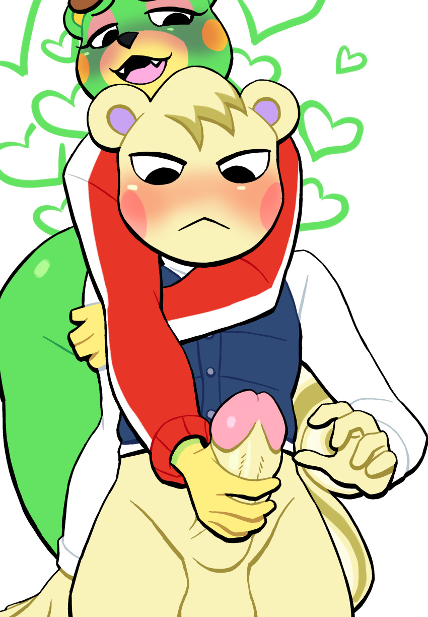 &lt;3 absurd_res animal_crossing anthro bear blush bottomless charlise_(animal_crossing) clothed clothing duo female frown genitals handjob hi_res lovetopullmicke male male/female mammal marshal_(animal_crossing) nintendo open_mouth open_smile penile penis rodent sciurid sex simple_background smile tree_squirrel white_background