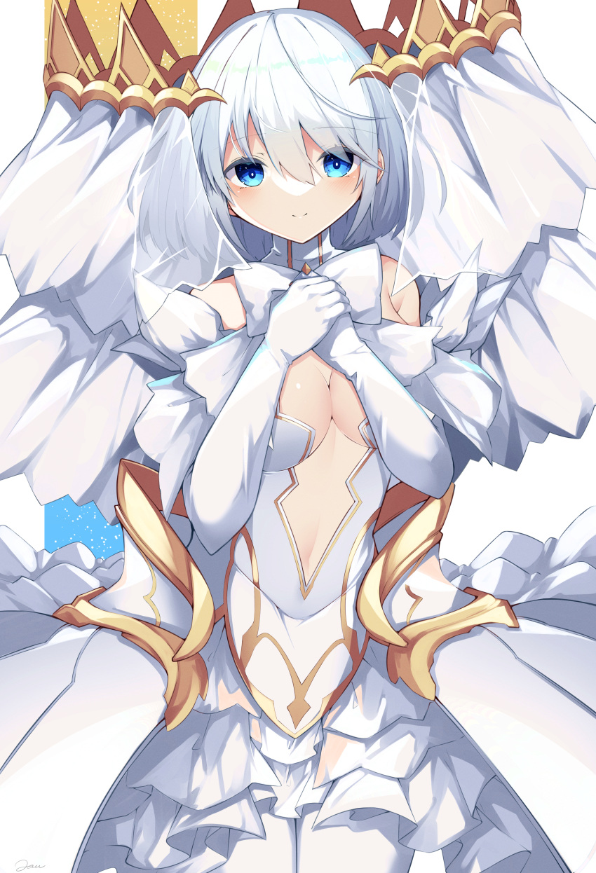 1girl absurdres bare_shoulders blue_eyes blush bow bowtie breasts center_opening cleavage commentary_request crown date_a_live dress elbow_gloves feather-trimmed_gloves gloves hair_between_eyes hands_on_own_chest hands_up highres jam_(jamjam777) layered_dress looking_at_viewer medium_breasts medium_hair midriff navel own_hands_together see-through simple_background sleeveless sleeveless_dress smile solo thighhighs tobiichi_origami veil white_background white_bow white_bowtie white_dress white_gloves white_hair white_thighhighs