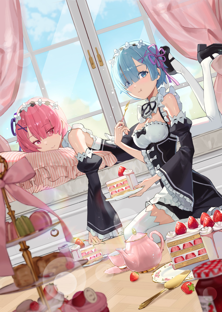 2girls absurdres blue_eyes blue_hair blue_sky blush bodiedwile breasts cake cake_slice chewing cleavage commentary cup dessert detached_sleeves eating english_commentary eyes_visible_through_hair food fork frilled_sleeves frills fruit hair_ornament hair_over_one_eye hair_ribbon head_on_pillow highres holding holding_fork kneeling looking_at_viewer lying macaron maid maid_headdress medium_breasts multiple_girls on_stomach pillow pink_eyes pink_hair pink_ribbon purple_ribbon ram_(re:zero) re:zero_kara_hajimeru_isekai_seikatsu rem_(re:zero) ribbon ribbon-trimmed_clothes ribbon_trim roswaal_mansion_maid_uniform short_hair siblings sisters sky smile strawberry sweets tea teacup teapot thighhighs twins x_hair_ornament