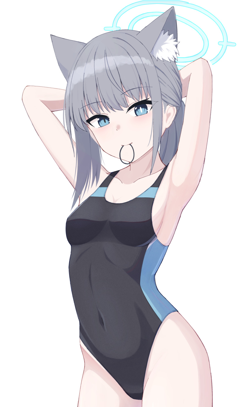 1girl absurdres animal_ear_fluff animal_ears arms_up black_one-piece_swimsuit blue_archive blue_eyes breasts commentary competition_swimsuit covered_navel cross_hair_ornament donadona_tear2 extra_ears grey_hair hair_ornament halo highres looking_at_viewer low_ponytail medium_hair mismatched_pupils mouth_hold multicolored_clothes multicolored_swimsuit official_alternate_costume one-piece_swimsuit rubber_band shiroko_(blue_archive) shiroko_(swimsuit)_(blue_archive) small_breasts solo swimsuit wolf_ears