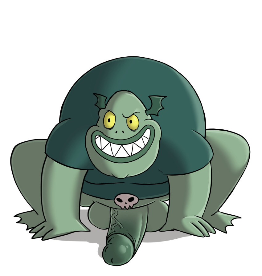 absurd_res amphibian anthro balls bottomless bottomless_anthro bottomless_male buff_frog clothed clothing disney frog genitals glans green_clothing green_shirt green_topwear hi_res humanoid_genitalia humanoid_penis male ofstrial overweight overweight_anthro overweight_male penis shirt simple_background solo star_vs._the_forces_of_evil teeth topwear vein veiny_penis white_background