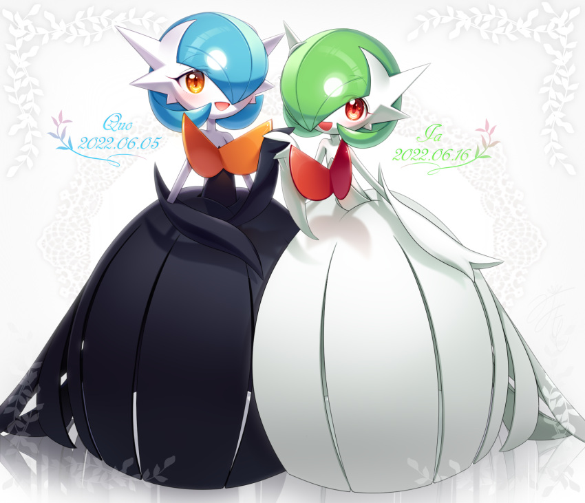 2girls alternate_color arm_at_side artist_name bangs bare_shoulders black_dress black_gloves blue_hair blush bob_cut border character_name colored_skin commentary dated dress elbow_gloves english_text flat_chest full_body gardevoir gloves green_hair hair_over_one_eye hand_up happy heart heart_in_eye highres holding_hands interlocked_fingers long_dress looking_at_viewer lotosu mega_gardevoir mega_pokemon multiple_girls open_mouth orange_eyes pokemon pokemon_(creature) red_eyes reflective_floor shiny_pokemon short_hair signature smile standing star_(symbol) star_in_eye strapless strapless_dress symbol_in_eye white_background white_border white_dress white_gloves white_skin