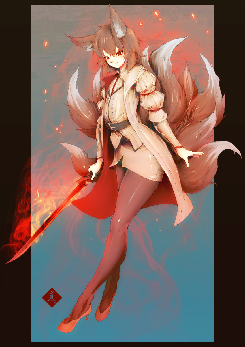 1girl airi_(floofytail) animal_ears belt brown_hair brown_tail coat commission fire fox_ears fox_girl fox_tail hair_between_eyes highres holding holding_sword holding_weapon mabo9317 multiple_tails original red_eyes shirt short_hair solo sword tail weapon