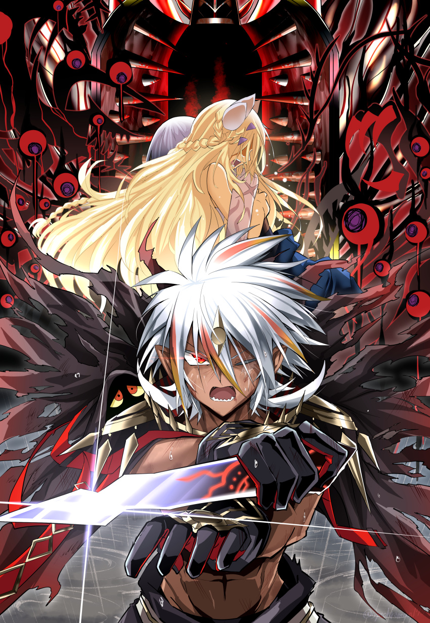 1boy 2girls absurdres albaz_(yu-gi-oh!) black_gloves blonde_hair blood blood_from_eyes crying dagger dogmatika_ecclesia_the_virtuous duel_monster ecclesia_(yu-gi-oh!) fallen_of_albaz fleurdelis_(yu-gi-oh!) gloves hair_ornament highres holding holding_dagger holding_knife holding_weapon hug iron_maiden knife multicolored_hair multiple_girls one_eye_closed scar soot springans_rockey synchroman tattoo the_iris_swordsoul too_many_eyes torn_clothes two-tone_hair weapon yu-gi-oh!