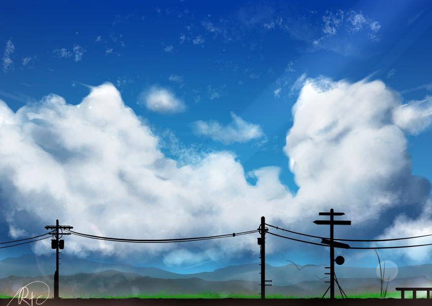 absurdres blue_sky chinese_commentary cloud commentary_request highres mountain mountainous_horizon no_humans original outdoors rune_xiao scenery sign signature sky still_life utility_pole