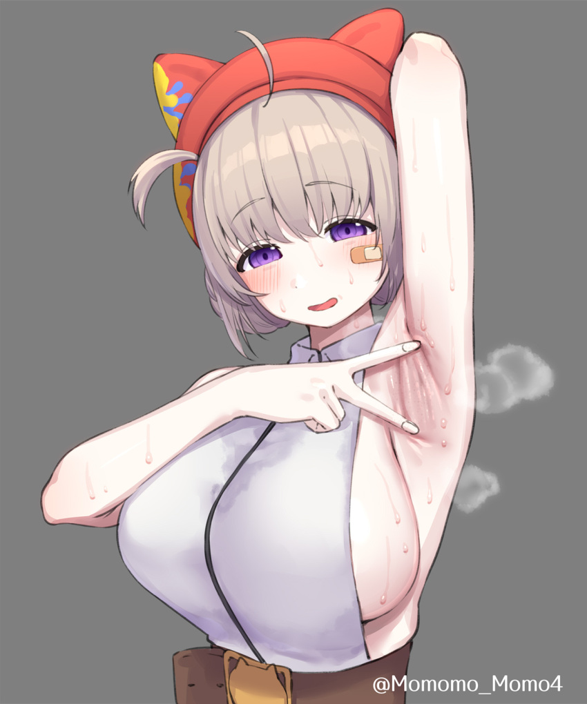 1girl ahoge aogiri_koukou arm_up armpits bandaid bandaid_on_face belt belt_buckle blush buckle collared_shirt double_bun grey_background hair_bun highres light_brown_hair long_bangs looking_at_viewer ooshiro_mashiro parted_lips presenting_armpit purple_eyes red_headwear shirt side_ponytail simple_background sleeveless spread_armpit steam sweat sweaty_clothes twitter_username upper_body virtual_youtuber yoshiwa_tomo