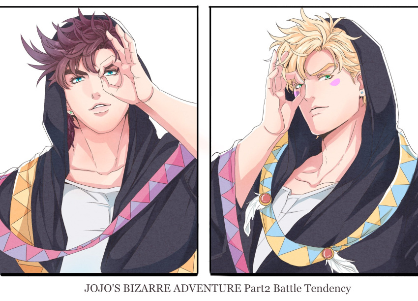 2boys alternate_costume battle_tendency blonde_hair blue_eyes brown_hair caesar_anthonio_zeppeli casual copyright_name facial_mark green_eyes highres hood hood_up hoodie jojo_no_kimyou_na_bouken joseph_joestar joseph_joestar_(young) male_focus multiple_boys ok_sign ok_sign_over_eye portrait r9exx ribbon