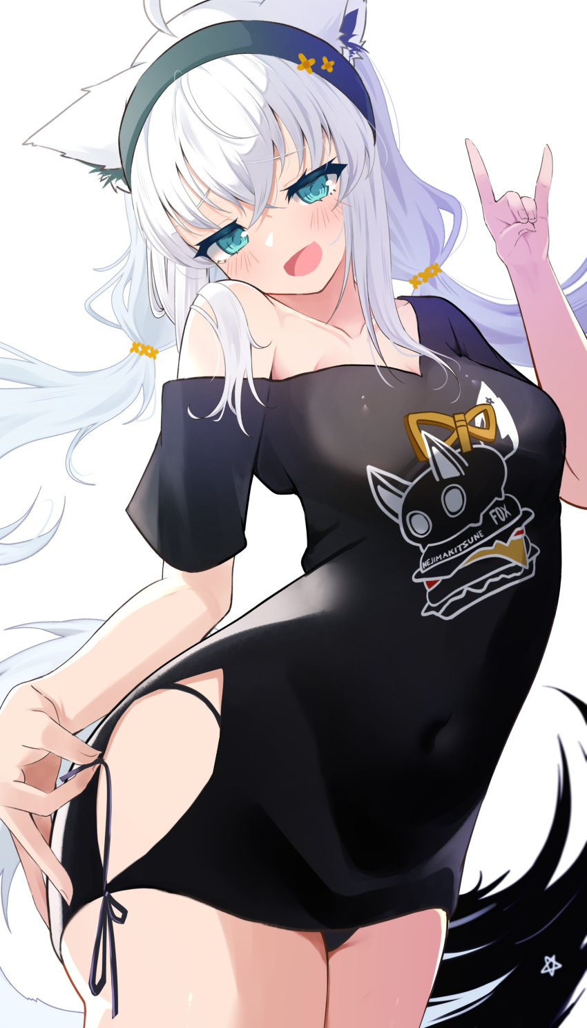 1girl absurdres ahoge animal_ear_fluff animal_ears black_panties black_shirt blush commentary_request earrings fox_ears fox_girl fox_shadow_puppet fox_tail green_eyes hair_between_eyes highres hololive jewelry long_hair looking_at_viewer low_twintails mogmog_megmog open_mouth panties pentagram shirakami_fubuki shirakami_fubuki_(7th_costume) shirt sidelocks simple_background solo tail twintails underwear virtual_youtuber white_background white_hair