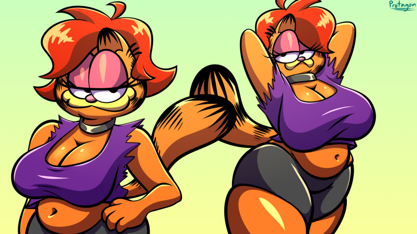 anthro big_breasts breasts cleavage clothed clothing colored crossgender domestic_cat felid feline felis female garfield_(series) garfield_the_cat hair hi_res mammal mtf_crossgender orange_hair protagon