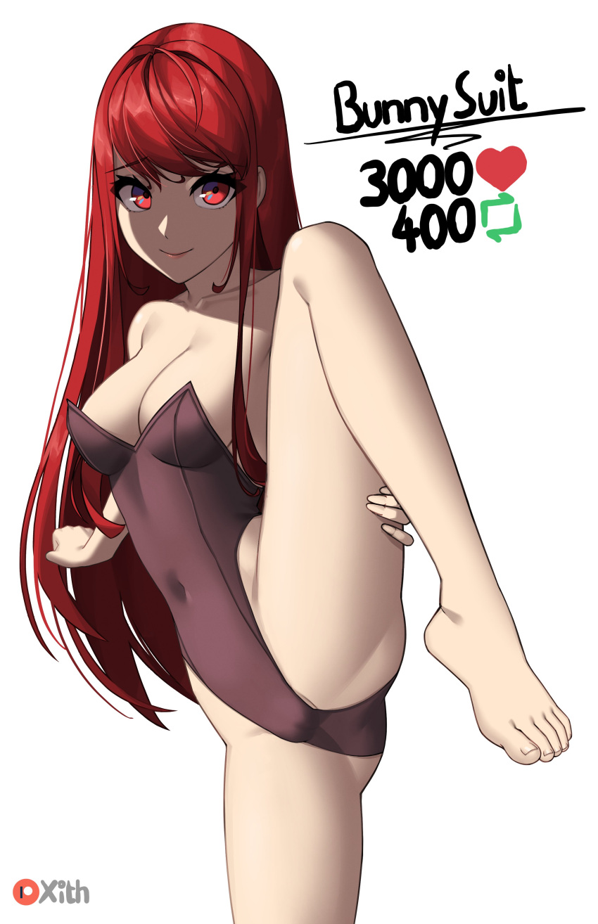 1girl absurdres bare_legs bare_shoulders barefoot blush breasts cameltoe english_text feet hair_down highres leg_lift leotard like_and_retweet long_hair looking_at_viewer meme official_alternate_hairstyle persona persona_5 persona_5_the_royal petite red_eyes red_hair skinny smile solo toes twitter_strip_game_(meme) x_xith_x yoshizawa_kasumi yoshizawa_sumire