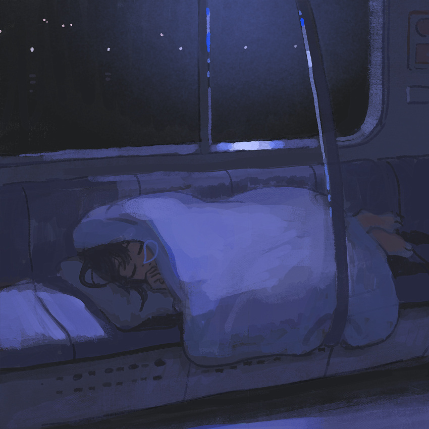 1girl barefoot black_hair clenched_hand comforter commentary_request facing_viewer hand_up highres lights lying messy_hair moonlight muji_(uimss) night nose_bubble on_side original pillow romaji_commentary sleeping solo train_interior under_covers wide_shot