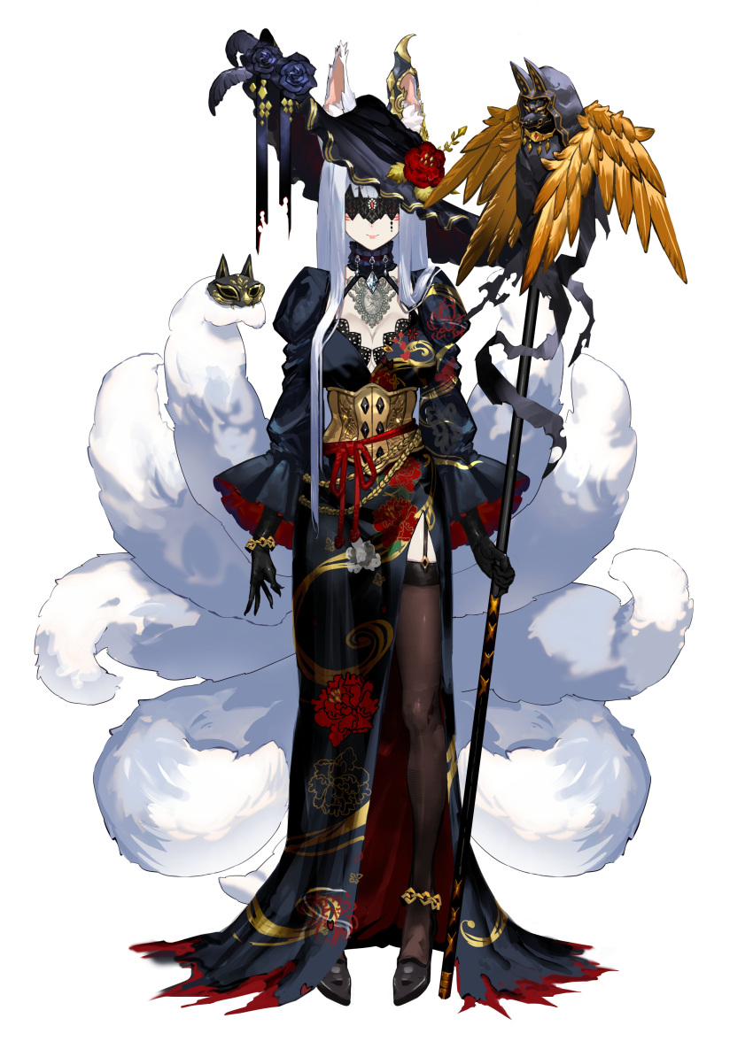 1girl absurdres animal_ear_fluff animal_ears black_gloves blunt_bangs bracelet breasts cleavage commentary corset english_commentary fox_ears fox_girl fox_mask fox_tail full_body garter_straps gloves hair_ornament hat high_heels highres jewelry juliet_sleeves kitsune long_hair long_sleeves looking_at_viewer mask multiple_tails nijisanji nijisanji_en nina_kosaka nina_kosaka_(2nd_costume) official_art puffy_sleeves red_eyes second-party_source side_slit sidelocks so-bin solo staff tail thighhighs very_long_hair virtual_youtuber white_hair wide_sleeves