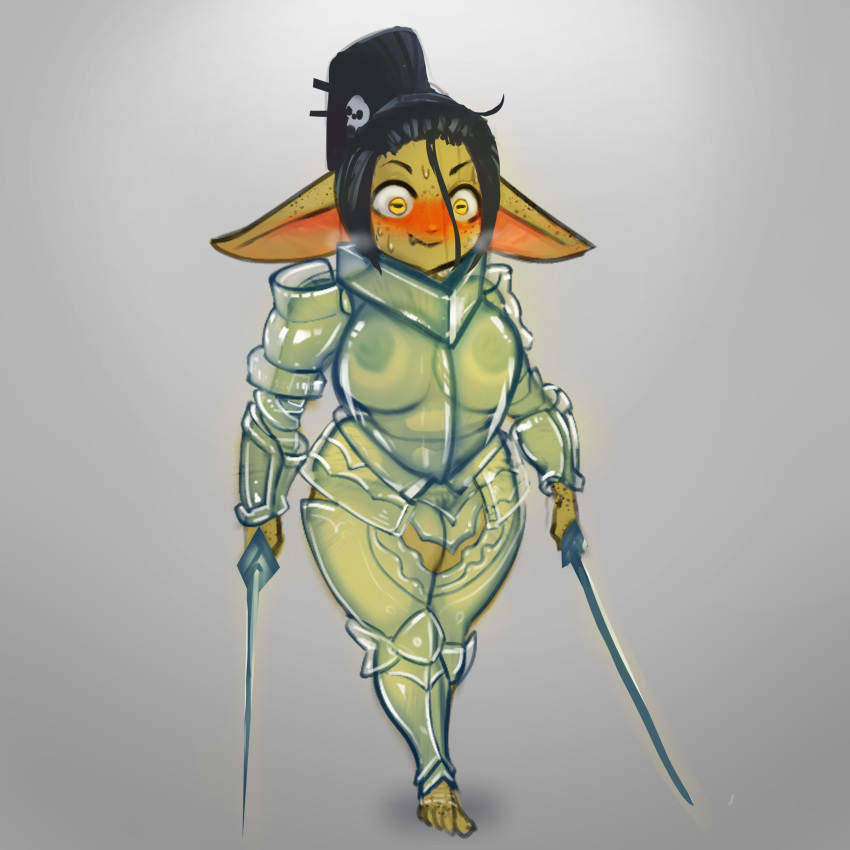 1:1 absurd_res areola armor barefoot big_breasts big_ears black_hair blush bodily_fluids breasts clothing dddoodles dual_wielding embarrassed feet female freckles genitals goblin green_areola green_body green_nipples green_skin hair hi_res holding_object holding_sword holding_weapon horizontal_pupils humanoid humanoid_pointy_ears ineffective_clothing melee_weapon nipples ponytail pupils pussy short_stack solo sweat sweatdrop sword thick_thighs translucent translucent_armor translucent_clothing unconvincing_armor weapon wide_hips yellow_eyes