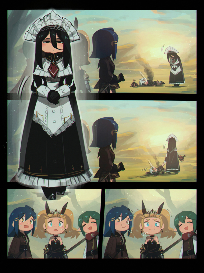 2boys 3girls absurdres black_dress black_hair black_tiara blonde_hair blue_eyes blue_hair boots closed_eyes cressey_(porforever) cross cross_earrings crown dragging dress earrings elbow_gauntlets erynn_(porforever) gauntlets green_hair highres holding holding_polearm holding_weapon jacket jewelry lance long_hair long_sleeves maid maid_headdress multiple_boys multiple_girls multiple_hairpins on_ground open_mouth original pointy_ears polearm porforever scarf smoke stifled_laugh thigh_boots twintails wallace_(porforever) weapon yellow_eyes