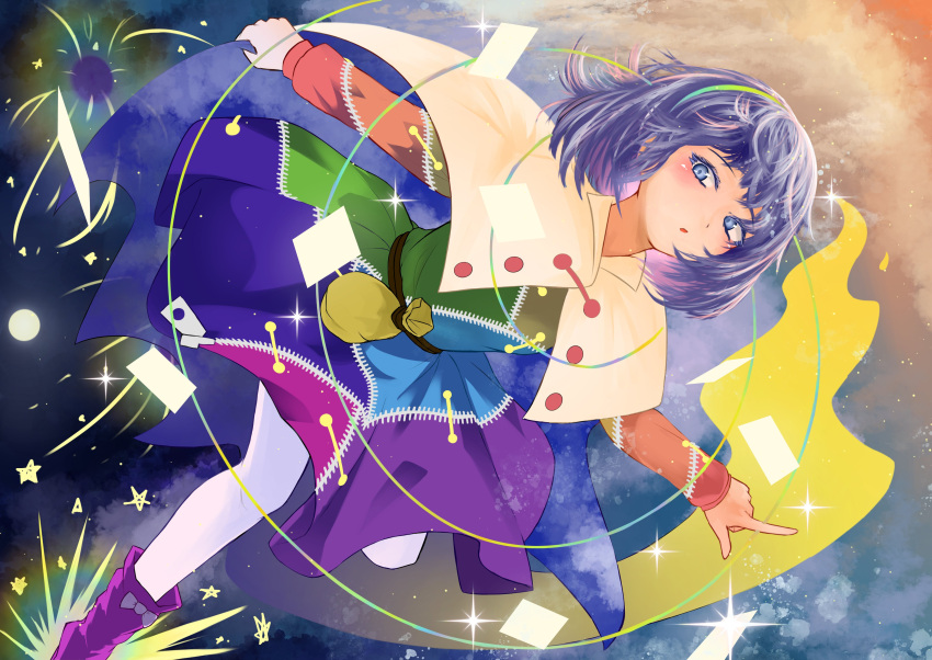 1girl absurdres blue_eyes blue_hair boots cloak dress hairband highres long_sleeves multicolored_clothes multicolored_dress multicolored_hairband pantyhose parted_lips purple_footwear rainbow_gradient short_hair sky_print solo tamateba_co tenkyuu_chimata touhou white_cloak white_pantyhose