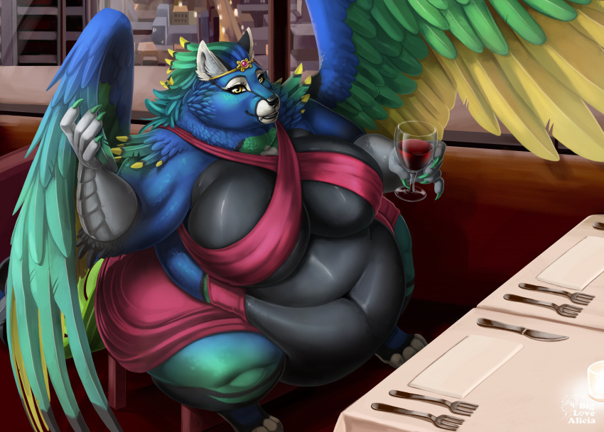 2021 alcohol anthro avian belly beverage big_belly big_breasts biglovealicia bird bloated breasts canid canine city cityscape claws container cup cutlery dawn_(iovic) detailed_background digital_media_(artwork) digitigrade drinking_glass feather_hair feathered_wings feathers female fork fur galliform glass glass_container glass_cup hi_res hybrid kitchen_utensils knife looking_at_viewer mammal multicolored_body multicolored_feathers multicolored_fur obese obese_female overweight overweight_female peafowl phasianid pseudo_hair restaurant shaded signature soft_shading solo thick_arms thick_thighs tools wine wine_glass wings