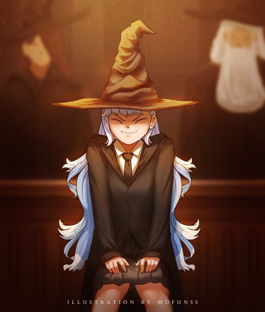 1boy 2girls absurdres alternate_costume artist_name beard black_headwear black_necktie black_skirt blue_hair blurry blurry_background character_request closed_eyes commentary commentary_request desk english_commentary english_text facial_hair hands_on_own_knees harry_potter_(series) hat highres hogwarts_school_uniform hololive hololive_indonesia indoors kobo_kanaeru long_hair long_sleeves mofunss multicolored_hair multiple_girls necktie pleated_skirt school_uniform shirt sitting skirt sleeves_past_wrists smile solo_focus sorting_hat two-tone_hair v-shaped_eyebrows virtual_youtuber white_shirt witch_hat