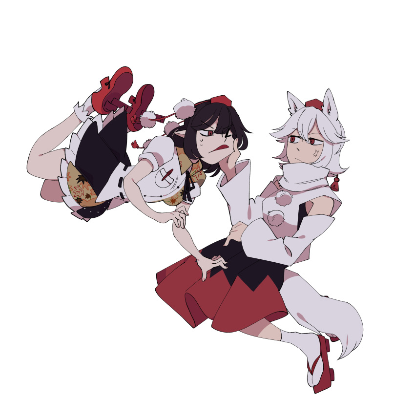 2girls absurdres anger_vein animal_ears black_hair black_skirt cheek_pull detached_sleeves floating fox_ears fox_tail hand_on_another's_cheek hand_on_another's_face highres inubashiri_momiji long_sleeves multiple_girls pen_in_pocket pom_pom_(clothes) red_eyes red_footwear red_headwear shameimaru_aya shirt short_hair short_sleeves skirt socks tail tengu touhou white_background white_hair white_shirt white_socks