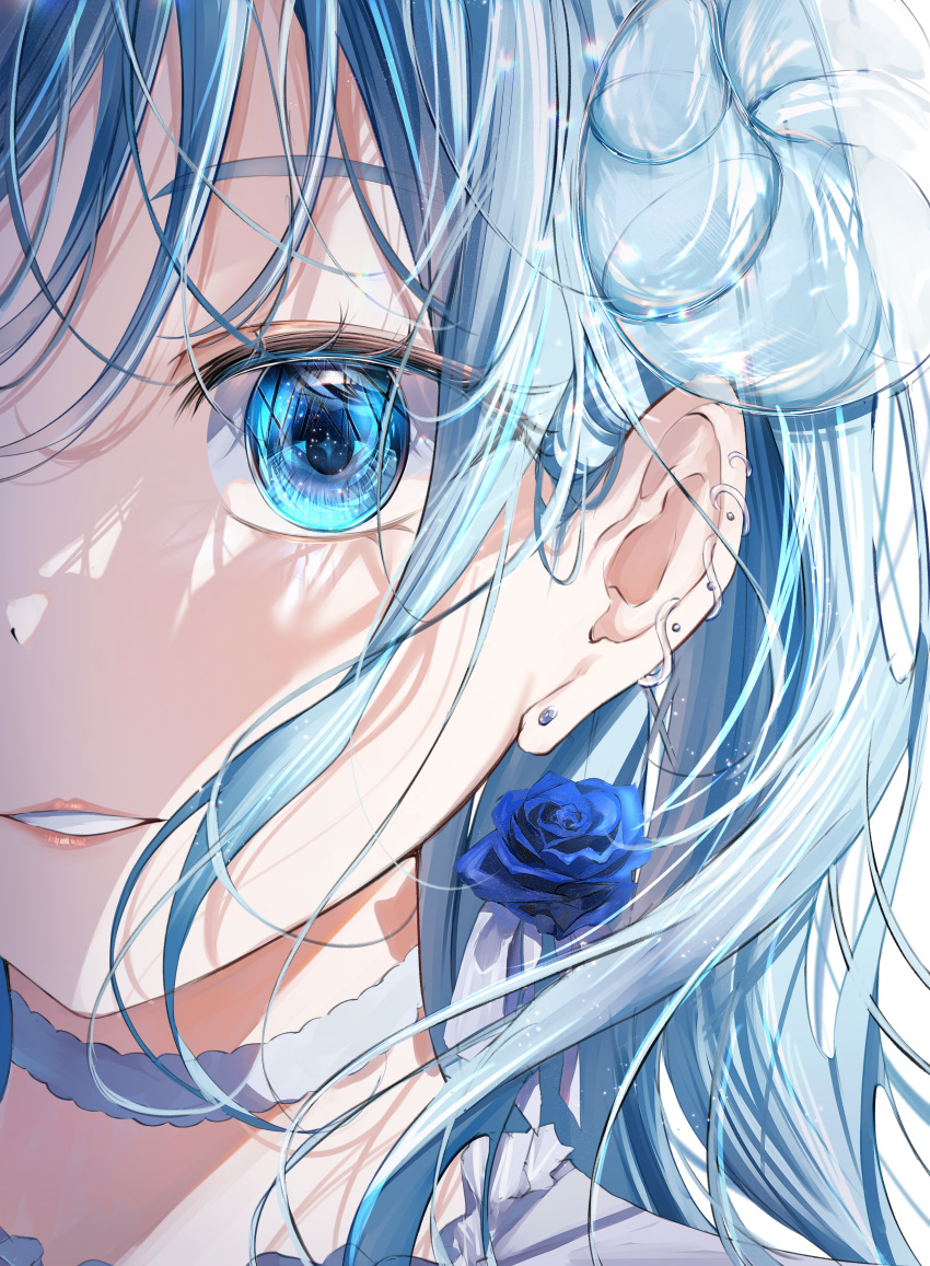 1girl absurdres blue_eyes blue_flower blue_hair blue_rose close-up commentary_request ear_piercing earrings flower highres jewelry long_hair looking_at_viewer mahiru_yura original parted_lips piercing rose smile solo