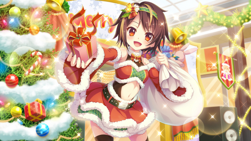 1girl bandou_mikuru bell belt black_belt black_thighhighs blonde_hair brown_hair candy candy_cane christmas_lights christmas_ornaments christmas_tree contrapposto detached_sleeves dot_nose film_grain food game_cg gift glass_ceiling green_hairband green_skirt hair_ornament hairband holding holding_gift holding_sack incoming_gift indoors izumi_tsubasu layered_skirt lens_flare looking_at_viewer multicolored_hair navel non-web_source official_art open_mouth re:stage! red_eyes red_skirt red_sleeves sack santa_costume short_hair skirt smile snowflake_print solo sparkle speaker star_(symbol) stomach streaked_hair stuffed_animal stuffed_rabbit stuffed_toy thighhighs tinsel two-tone_hair zettai_ryouiki