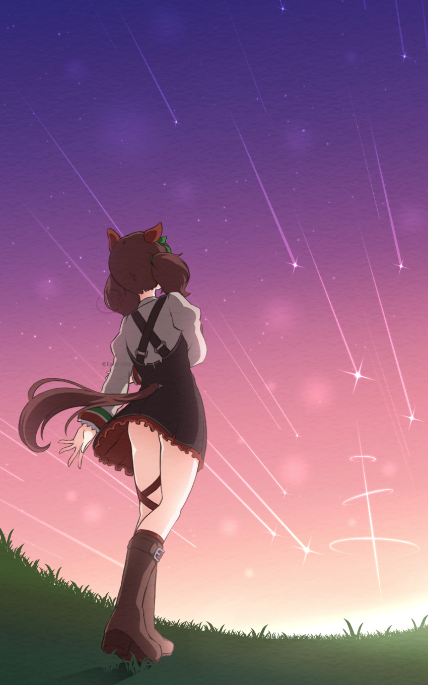 1girl animal_ears brown_hair diphoxia_scarlet dress gradient_background grass highres horse_ears horse_girl horse_tail meteor_shower nice_nature_(umamusume) pinafore_dress sleeveless sleeveless_dress sunset tail umamusume