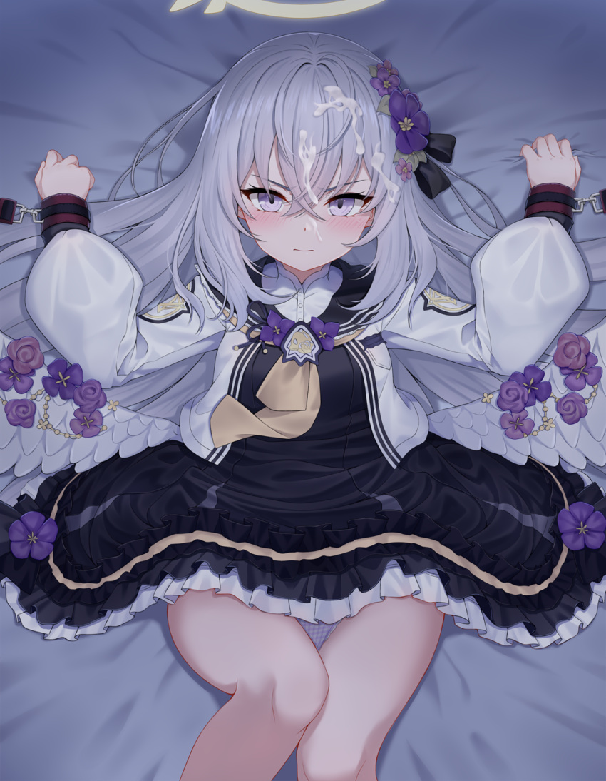 1girl angel_wings azusa_(blue_archive) bed_sheet black_dress black_sailor_collar blue_archive blush closed_mouth crossed_bangs cum cum_on_hair dress facial feathered_wings flower frilled_dress frills grey_hair hair_between_eyes hair_flower hair_ornament hajika halo highres jacket long_hair looking_at_viewer low_wings lying neckerchief on_back open_clothes open_jacket panties pink_eyes plaid plaid_panties puffy_sleeves purple_flower sailor_collar sheet_grab sidelocks solo underwear white_jacket white_wings wings yellow_neckerchief