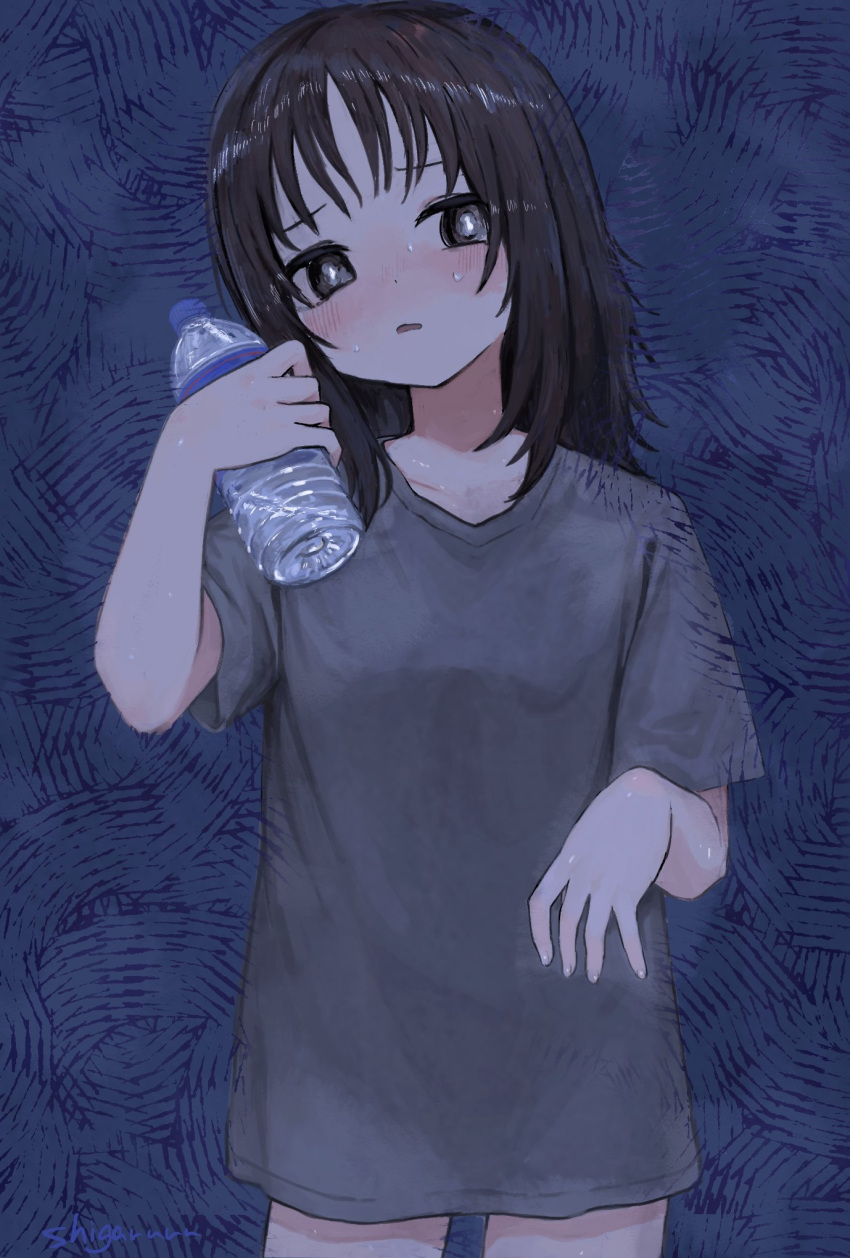 1girl black_eyes blush bottle bright_pupils brown_hair collarbone commentary cowboy_shot grey_shirt hands_up head_tilt highres holding holding_bottle looking_at_viewer medium_hair no_pants original parted_lips shii595 shirt short_sleeves simple_background solo standing sweat symbol-only_commentary t-shirt water_bottle white_pupils