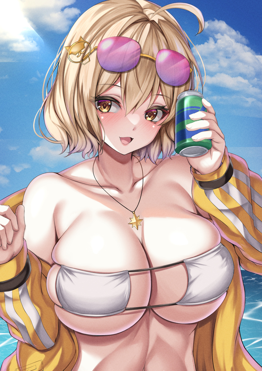 1girl :d absurdres ahoge anis_(nikke) anis_(sparkling_summer)_(nikke) bare_shoulders bikini blonde_hair blue_sky breasts can cleavage cloud collarbone day eyepatch_bikini eyewear_on_head goddess_of_victory:_nikke hair_ornament highres holding holding_can jacket large_breasts navel off_shoulder official_alternate_costume open_mouth outdoors parapetto short_hair skindentation sky smile solo sunglasses swimsuit upper_body white_bikini yellow_eyes yellow_jacket