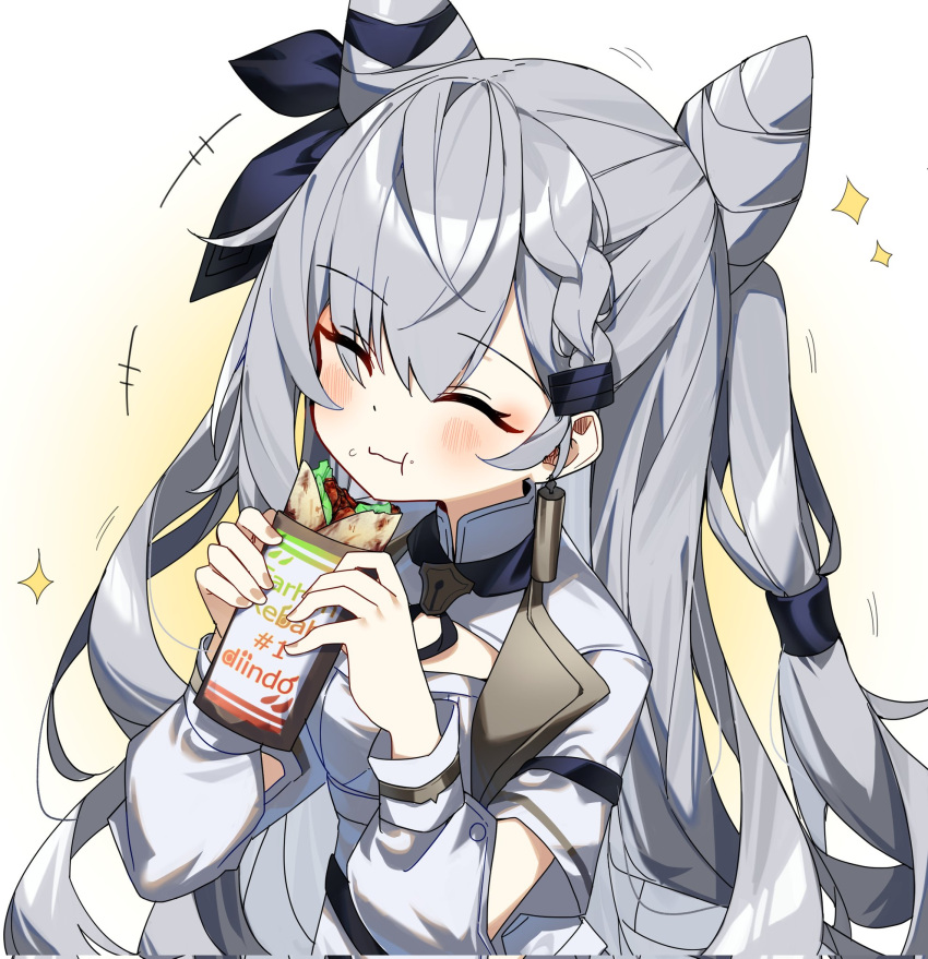 1girl blush closed_eyes cone_hair_bun double_bun earrings eating food grey_hair hair_bun hair_ribbon highres hololive hololive_indonesia jewelry kebab long_hair long_sleeves ribbon shiroi_ou single_earring solo sparkle two_side_up upper_body vestia_zeta virtual_youtuber white_background