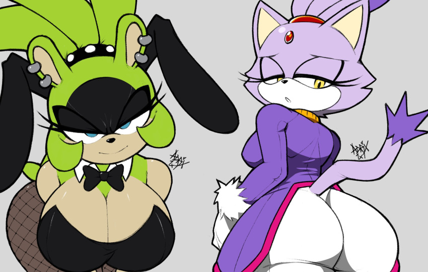 a1x1az afrosoricid anthro big_breasts big_butt black_body black_bow_tie black_clothing black_fur black_topwear blaze_the_cat blue_eyes bottomwear bow_tie breasts bunny_costume butt cleavage clothed clothing costume dipstick_tail domestic_cat duo ear_piercing eyelashes fake_ears fake_rabbit_ears felid feline felis female fishnet fishnet_legwear forehead_gem fur gloves green_body green_fur grey_background handwear hi_res huge_breasts idw_publishing legwear looking_at_viewer looking_back mammal markings narrowed_eyes pants piercing purple_body purple_clothing purple_fur purple_topwear sega simple_background sonic_the_hedgehog_(comics) sonic_the_hedgehog_(idw) sonic_the_hedgehog_(series) surge_the_tenrec tail tail_markings tan_body tan_fur tenrec thick_thighs topwear white_body white_bottomwear white_clothing white_fur white_gloves white_handwear white_pants wide_hips yellow_eyes