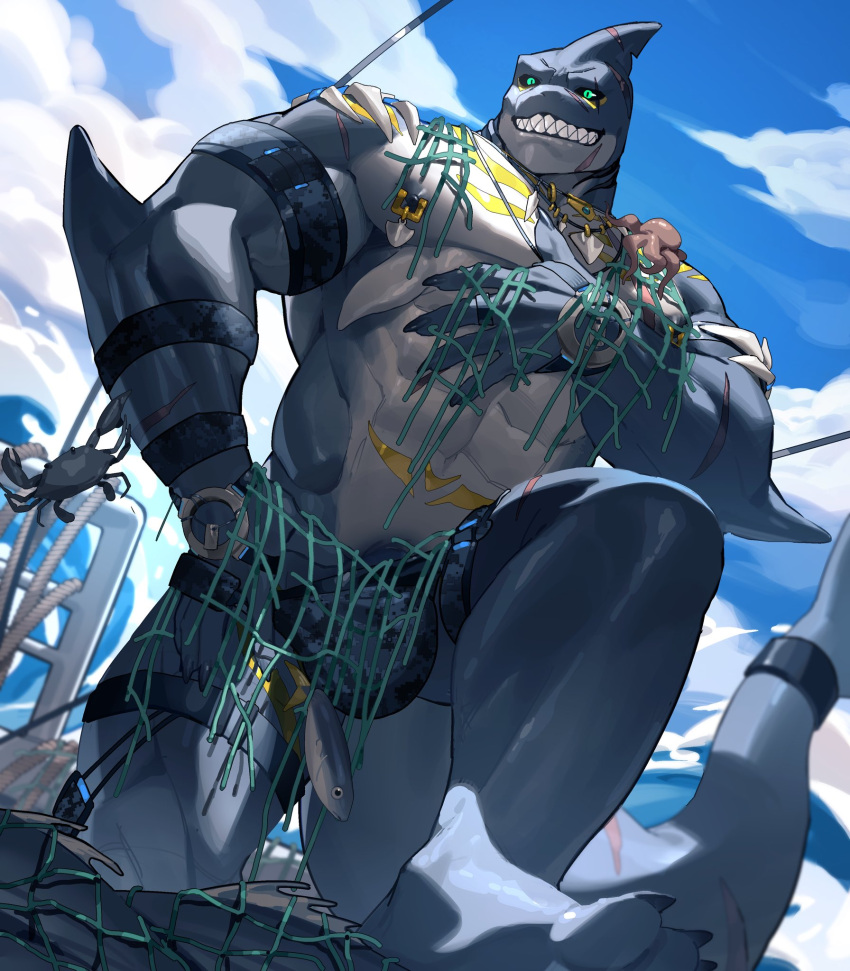 2023 5_fingers anthro biped bulge claws digital_drawing_(artwork) digital_media_(artwork) dog22322 fin finger_claws fingers fish fishnet hi_res looking_at_viewer male marine muscular muscular_anthro muscular_male outside portrait scar shark sky smile solo tail teeth toe_claws