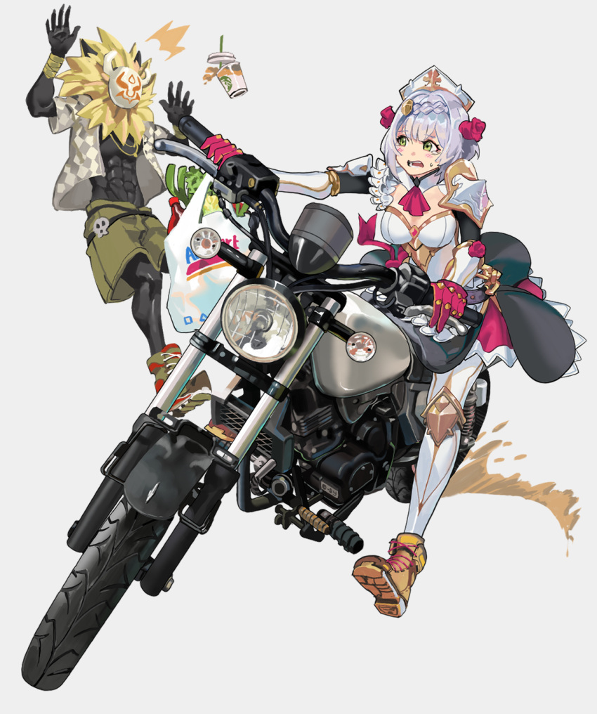 1boy 1girl abs bag black_gloves blonde_hair breasts brown_footwear cleavage cocomeen cup disposable_cup genshin_impact gloves green_eyes green_footwear grey_hair highres hilichurl_(genshin_impact) maid mask medium_breasts motor_vehicle motorcycle noelle_(genshin_impact) on_motorcycle red_gloves shopping_bag simple_background slipping sweatdrop white_background white_headwear