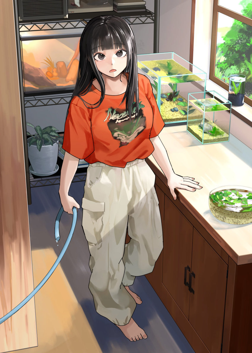 1girl absurdres baggy_pants barefoot black_hair blunt_bangs breasts commentary eyelashes feet fish_tank full_body grey_eyes highres holding indoors long_hair looking_at_viewer mmmo3 open_mouth orange_shirt original oversized_clothes oversized_shirt pants plant potted_plant shirt shirt_tucked_in sidelocks solo standing t-shirt toenails toes white_pants