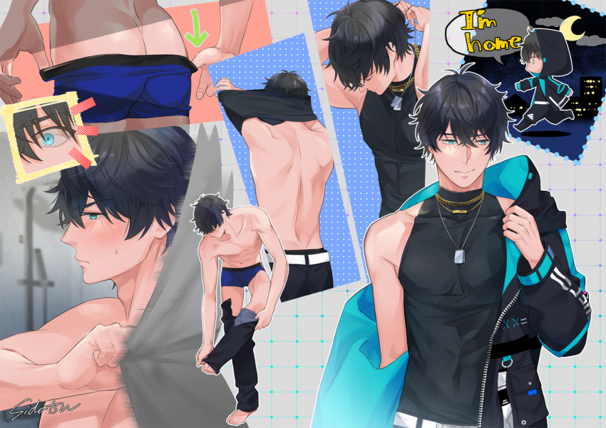 1boy artist_name ass belt blue_male_underwear boxer_briefs butt_crack chain_necklace cityscape commission crescent_moon curtains embarrassed english_text gold_necklace hood hoodie indie_virtual_youtuber jae_(vtuber) jewelry long_sleeves male_underwear moon necklace original pants shidatsu_takayuki signature skeb_commission surprised tank_top underwear undressing