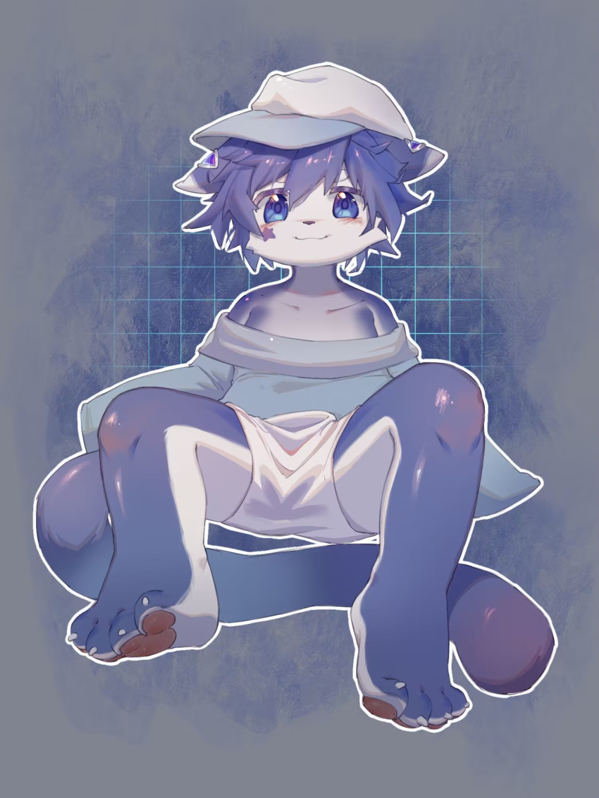 3:4 4_toes anthro barefoot biped blue_body blue_eyes clothing feet hat headgear headwear hi_res looking_at_viewer male mammal ningning pawpads simple_background sitting solo star toes topwear young