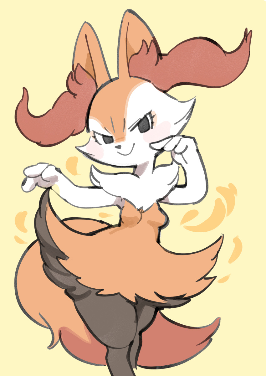 2023 3_fingers absurd_res anthro black_body black_eyes black_fur blush braixen breasts canid canine colored_sketch female fingers fire fluffy fluffy_tail fur generation_6_pokemon hi_res inner_ear_fluff looking_at_viewer mammal multicolored_body nintendo oposa pokemon pokemon_(species) simple_background sketch small_breasts smile solo tail tuft white_body white_fur wide_hips yellow_background