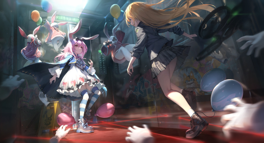 2girls 3others alice_(alice_in_wonderland) alice_in_wonderland animal_ears balloon blonde_hair cape disembodied_limb dress drone highres holding holding_balloon long_hair motion_blur multiple_girls multiple_others observerz original pink_eyes pink_hair pleated_skirt rabbit_ears skirt striped striped_thighhighs thighhighs