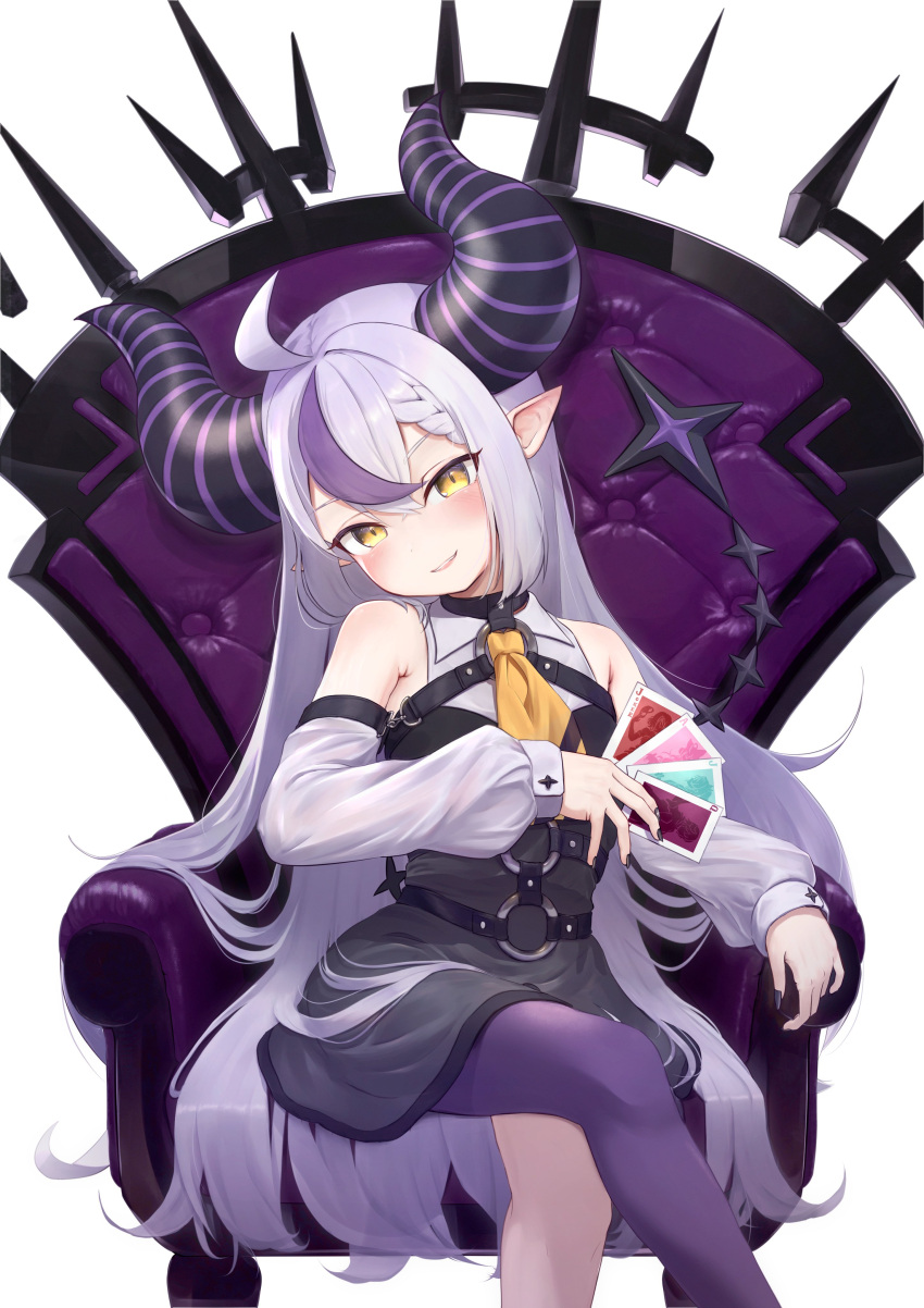 absurdres ahoge bare_shoulders black_horns black_nails braid braided_bangs card grey_hair highres holding holding_card hololive horns la+_darknesss la+_darknesss_(1st_costume) lerk_puzz multicolored_hair pointy_ears purple_hair purple_thighhighs single_thighhigh sitting streaked_hair striped_horns thighhighs yellow_eyes